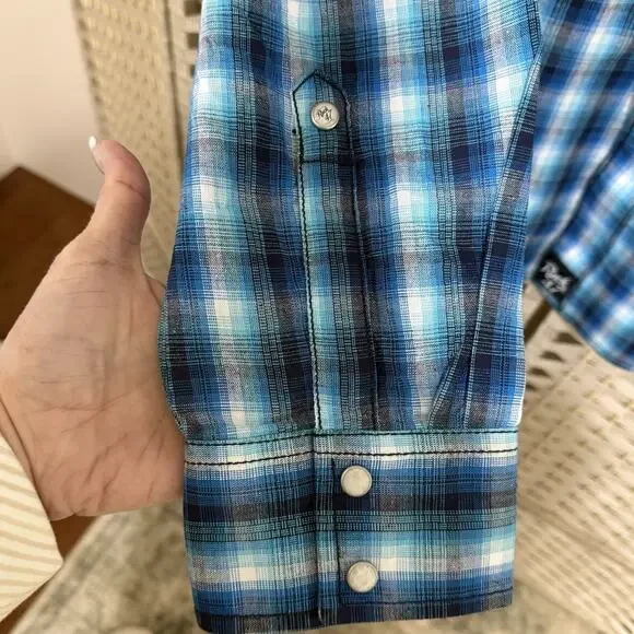 Wrangler Rock 47 Men’s Western Pearl Snap Shirt XXL Blue Plaid Long Sleeve EUC - Picture 5 of 12